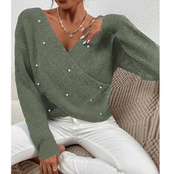 Luxe Faux Pearl Wrap Off Shoulder Sweater Top - Picture 3 of 7